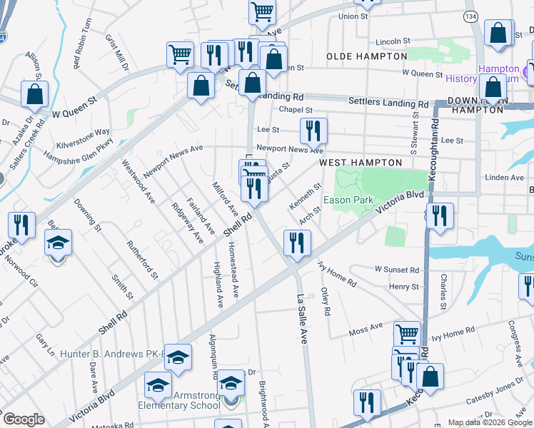 map of restaurants, bars, coffee shops, grocery stores, and more near 3800 Shell Road in Hampton