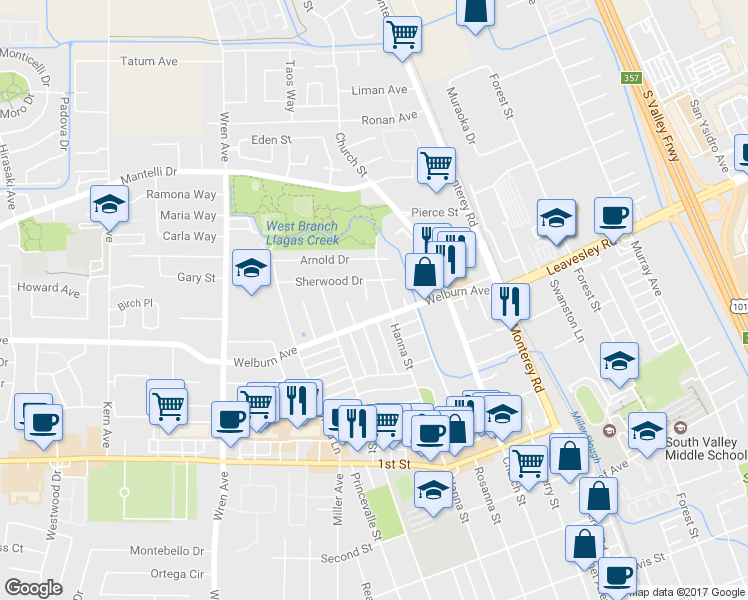 map of restaurants, bars, coffee shops, grocery stores, and more near 8420 David Court in Gilroy