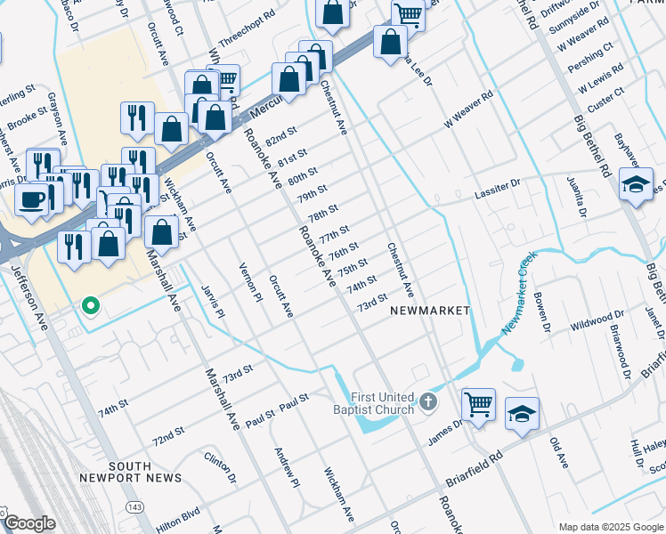 map of restaurants, bars, coffee shops, grocery stores, and more near 7403 Roanoke Avenue in Newport News