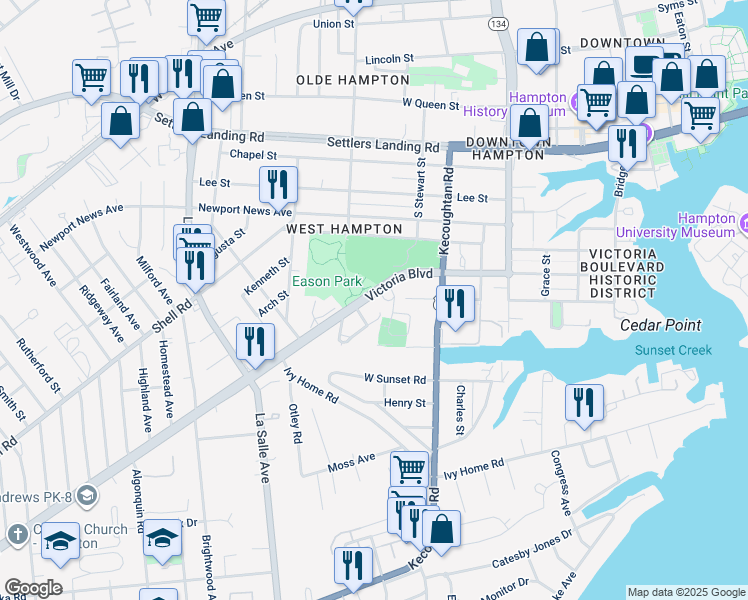 map of restaurants, bars, coffee shops, grocery stores, and more near 4014 Victoria Boulevard in Hampton
