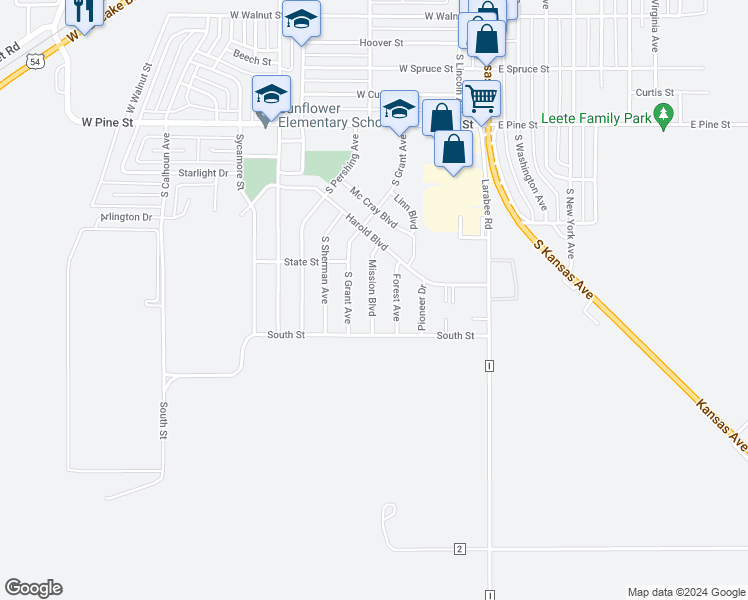 map of restaurants, bars, coffee shops, grocery stores, and more near 1401 Mission Boulevard in Liberal
