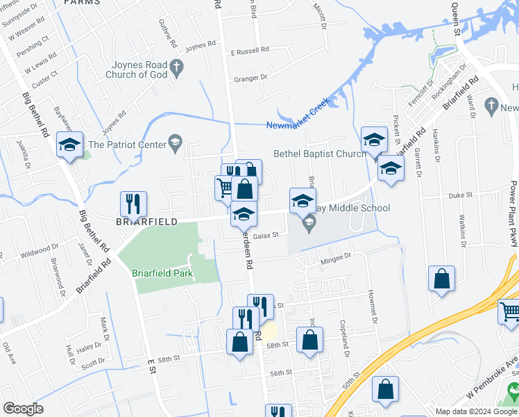 map of restaurants, bars, coffee shops, grocery stores, and more near 1605 Briarfield Road in Hampton