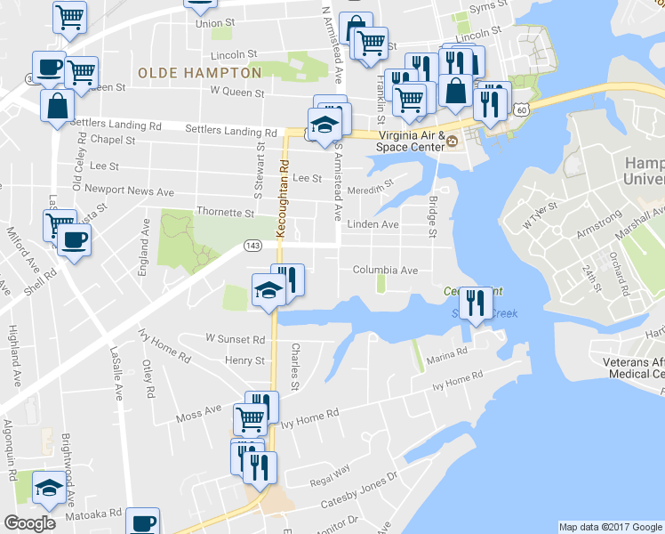 map of restaurants, bars, coffee shops, grocery stores, and more near 626 South Armistead Avenue in Hampton