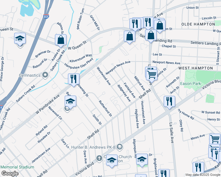 map of restaurants, bars, coffee shops, grocery stores, and more near 739 Westwood Avenue in Hampton