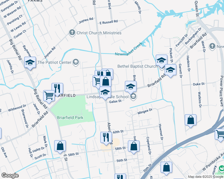 map of restaurants, bars, coffee shops, grocery stores, and more near 1605 Briarfield Road in Hampton