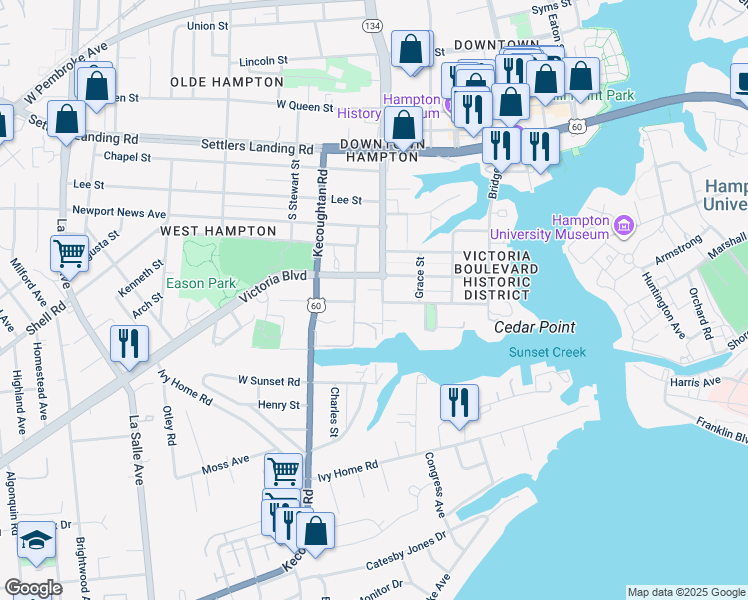 map of restaurants, bars, coffee shops, grocery stores, and more near 626 South Armistead Avenue in Hampton
