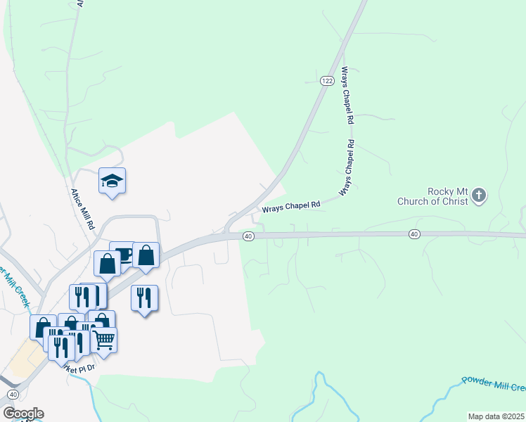 map of restaurants, bars, coffee shops, grocery stores, and more near Wrays Chapel Road in Rocky Mount