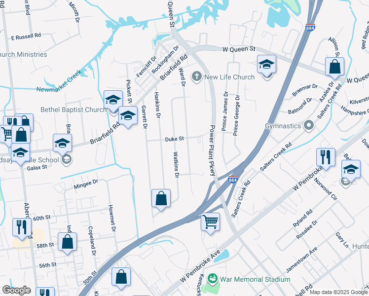 map of restaurants, bars, coffee shops, grocery stores, and more near 204 Ward Drive in Hampton