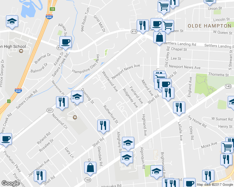 map of restaurants, bars, coffee shops, grocery stores, and more near 739 Westwood Avenue in Hampton