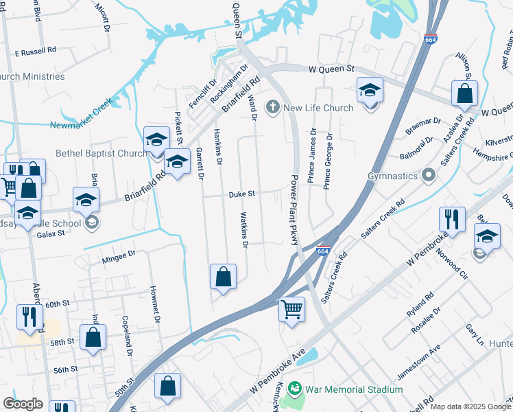 map of restaurants, bars, coffee shops, grocery stores, and more near 204 Ward Drive in Hampton