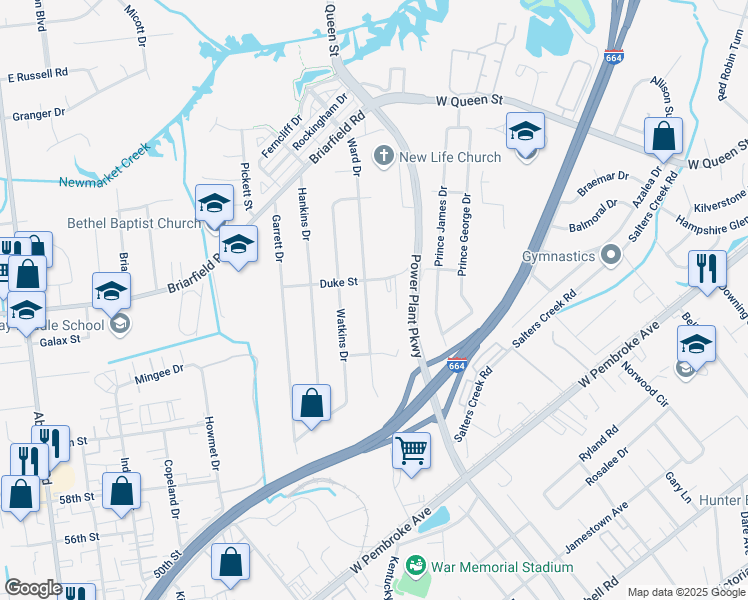 map of restaurants, bars, coffee shops, grocery stores, and more near 211 Ward Drive in Hampton