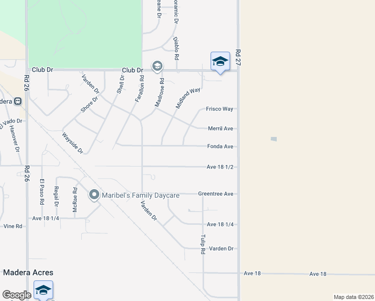 map of restaurants, bars, coffee shops, grocery stores, and more near 26803 Avenue 18 1/2 in Madera