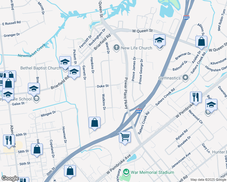 map of restaurants, bars, coffee shops, grocery stores, and more near 211 Ward Drive in Hampton