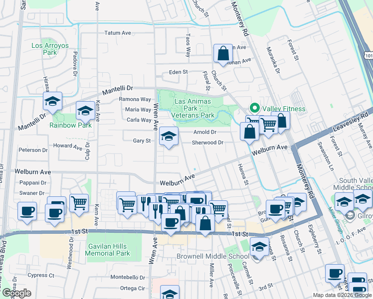 map of restaurants, bars, coffee shops, grocery stores, and more near 8420 Wayland Lane in Gilroy