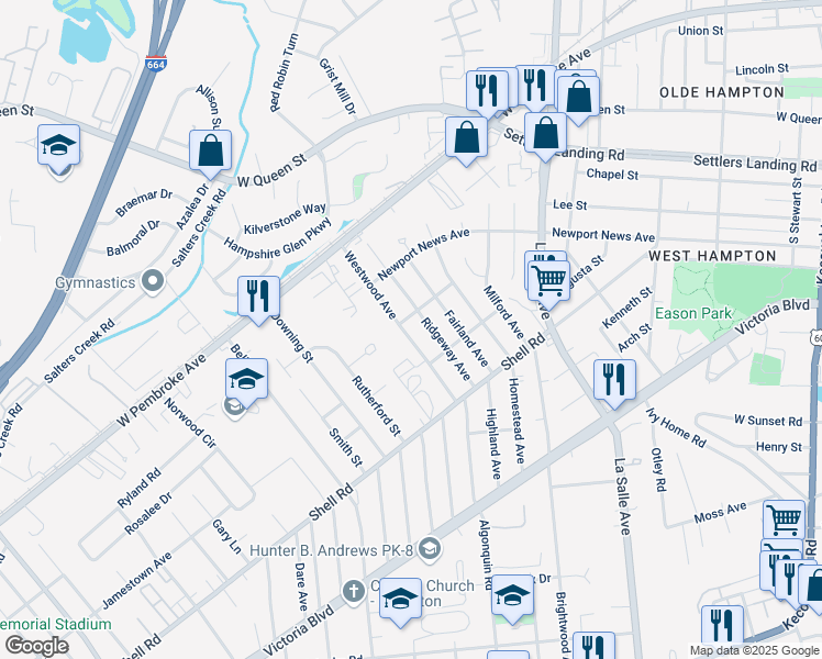 map of restaurants, bars, coffee shops, grocery stores, and more near 732 Westwood Avenue in Hampton