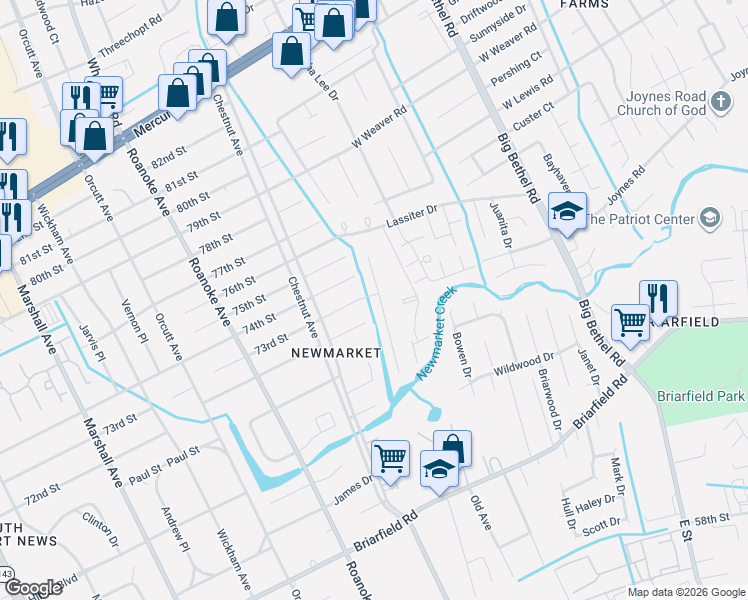 map of restaurants, bars, coffee shops, grocery stores, and more near 1213 72nd Street in Newport News