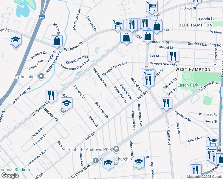 map of restaurants, bars, coffee shops, grocery stores, and more near 732 Westwood Avenue in Hampton
