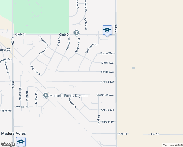 map of restaurants, bars, coffee shops, grocery stores, and more near 26803 Avenue 18 1/2 in Madera