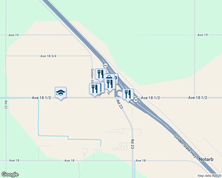 map of restaurants, bars, coffee shops, grocery stores, and more near 18555 Pistachio Drive in Madera
