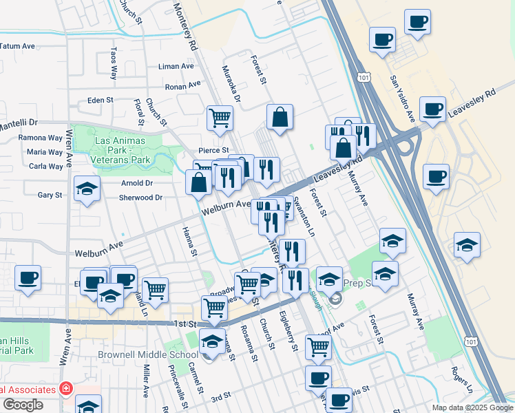 map of restaurants, bars, coffee shops, grocery stores, and more near  in Gilroy