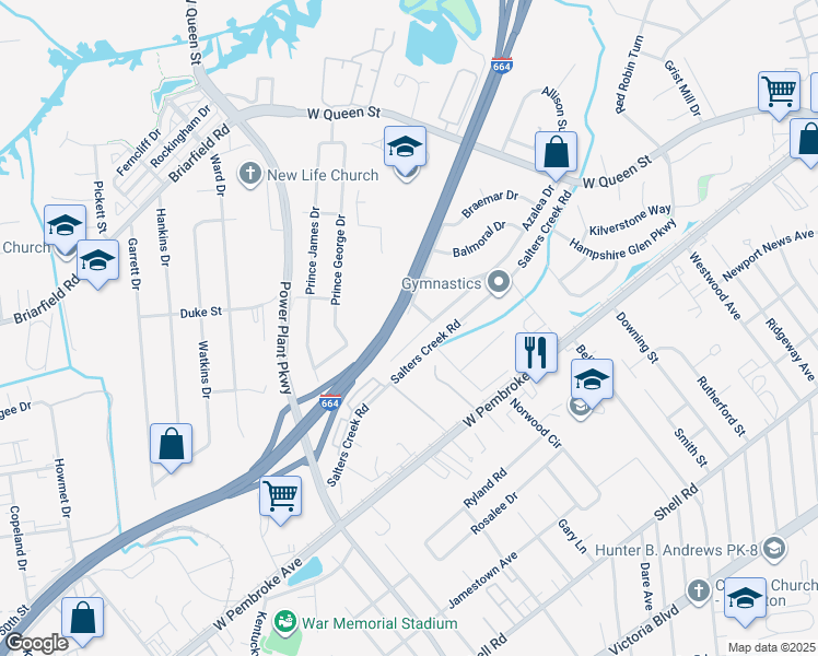 map of restaurants, bars, coffee shops, grocery stores, and more near 58 Azalea Drive in Hampton