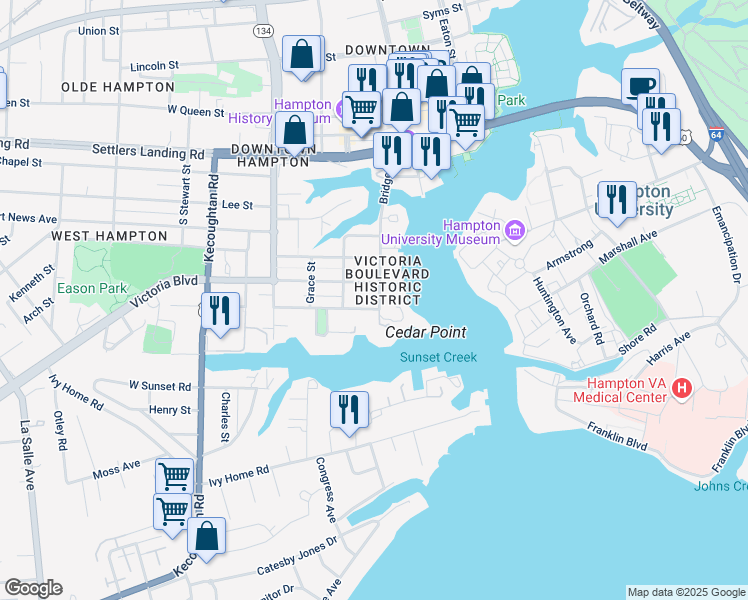 map of restaurants, bars, coffee shops, grocery stores, and more near 4611 Victoria Boulevard in Hampton