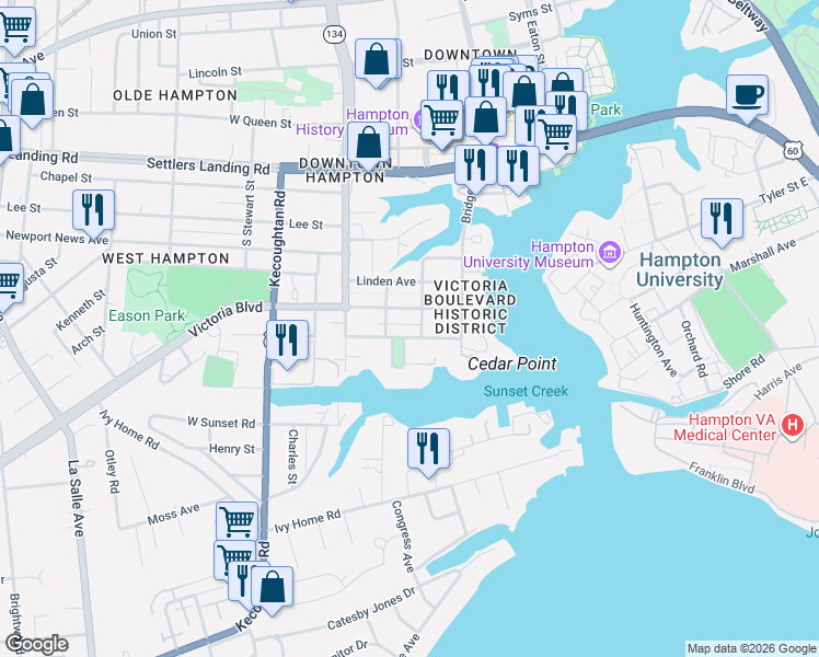 map of restaurants, bars, coffee shops, grocery stores, and more near 4509 Victoria Boulevard in Hampton