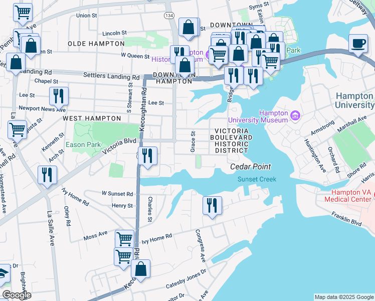 map of restaurants, bars, coffee shops, grocery stores, and more near 4411 Victoria Boulevard in Hampton