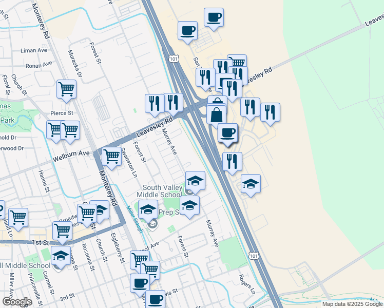 map of restaurants, bars, coffee shops, grocery stores, and more near in Gilroy