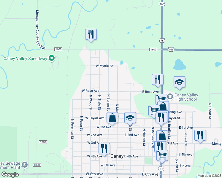 map of restaurants, bars, coffee shops, grocery stores, and more near 101-199 W Braden Ave in Caney