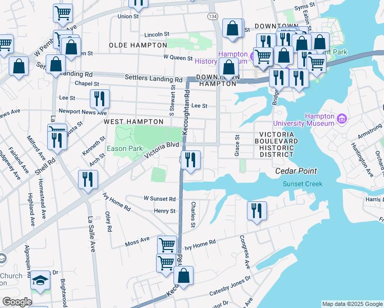 map of restaurants, bars, coffee shops, grocery stores, and more near 4210 Victoria Boulevard in Hampton