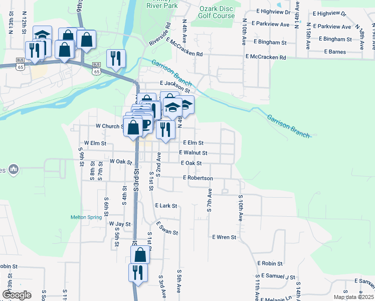 map of restaurants, bars, coffee shops, grocery stores, and more near 405 East Walnut Street in Ozark