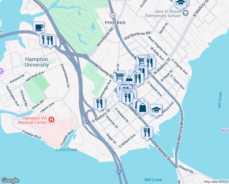 map of restaurants, bars, coffee shops, grocery stores, and more near 169 Libby Street in Hampton