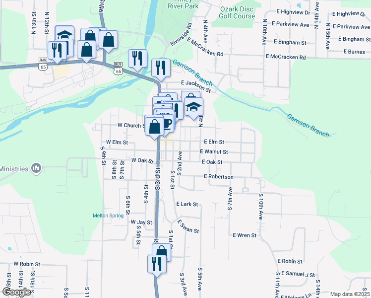 map of restaurants, bars, coffee shops, grocery stores, and more near 201-299 E Elm St in Ozark