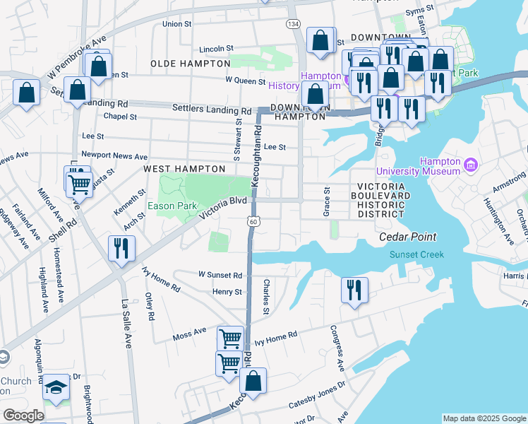 map of restaurants, bars, coffee shops, grocery stores, and more near 4210 Victoria Boulevard in Hampton