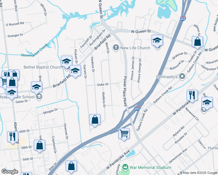 map of restaurants, bars, coffee shops, grocery stores, and more near 1675 Duke Street in Hampton