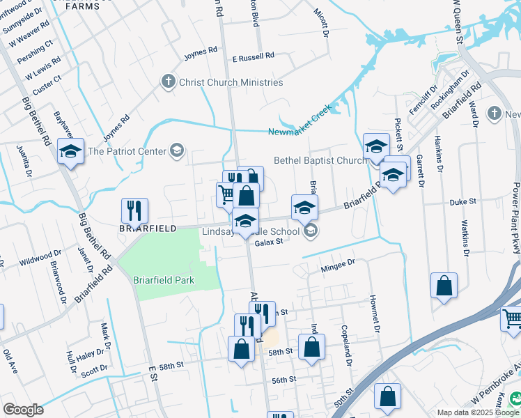 map of restaurants, bars, coffee shops, grocery stores, and more near 905 Thornhill Drive in Hampton