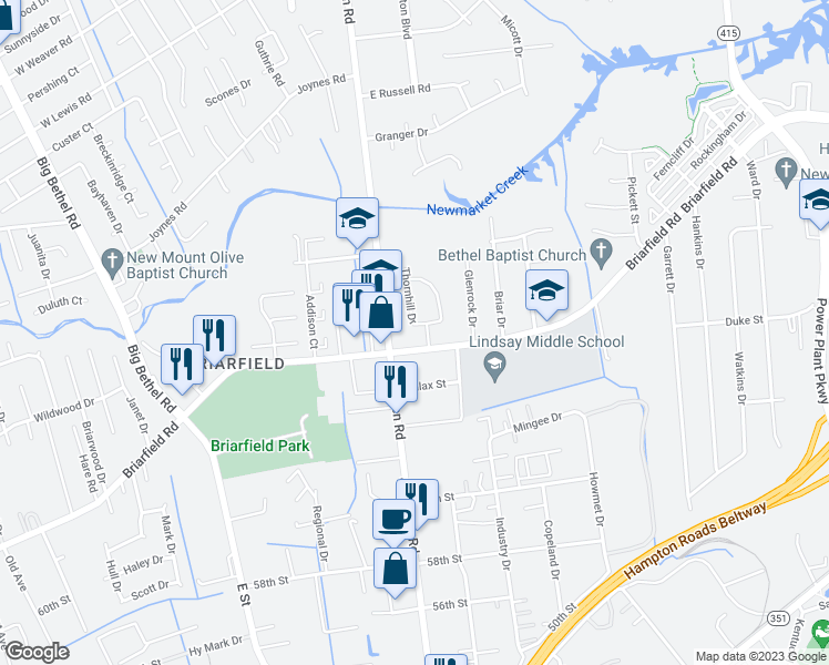 map of restaurants, bars, coffee shops, grocery stores, and more near 905 Thornhill Drive in Hampton