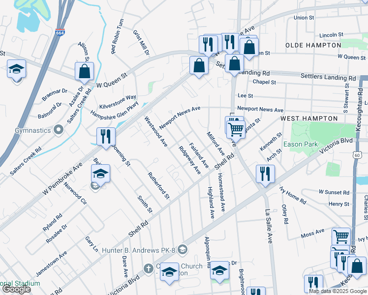 map of restaurants, bars, coffee shops, grocery stores, and more near 730 Ridgeway Avenue in Hampton
