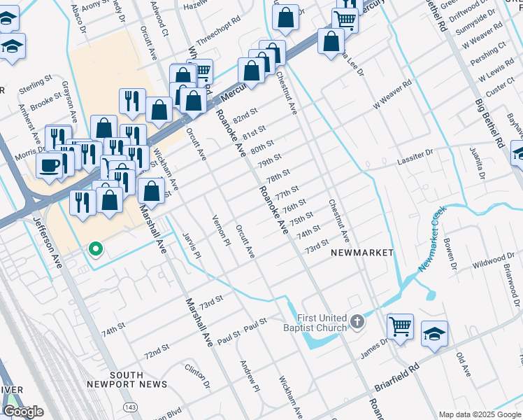 map of restaurants, bars, coffee shops, grocery stores, and more near 1013 77th Street in Newport News
