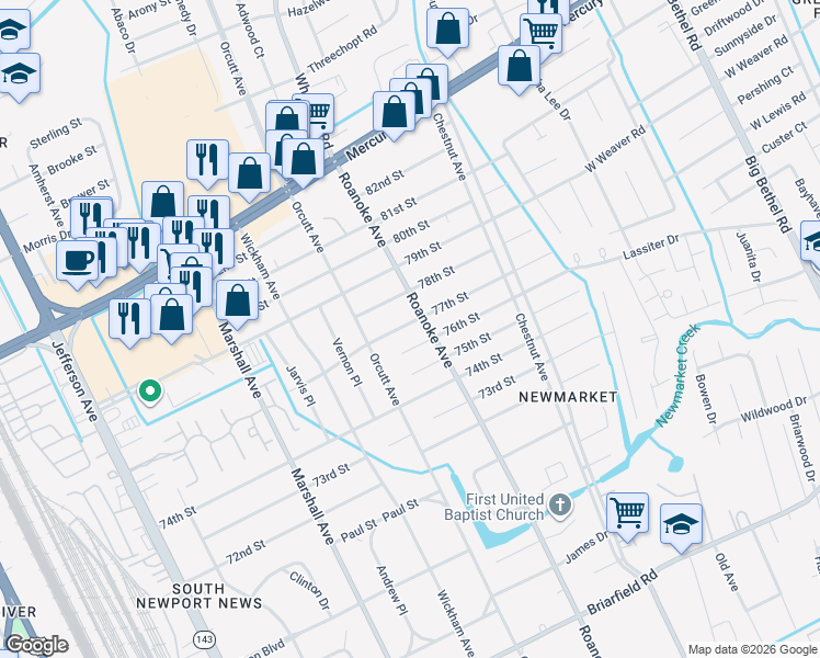map of restaurants, bars, coffee shops, grocery stores, and more near 1013 77th Street in Newport News
