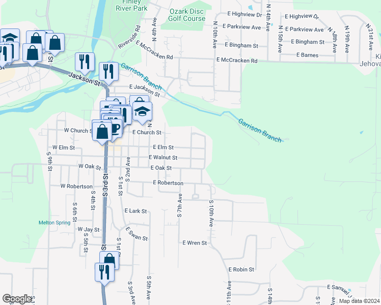 map of restaurants, bars, coffee shops, grocery stores, and more near 607 East Elm Street in Ozark