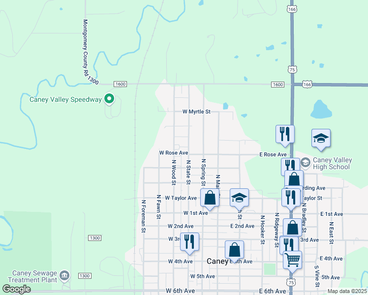 map of restaurants, bars, coffee shops, grocery stores, and more near 808 North Wood Street in Caney