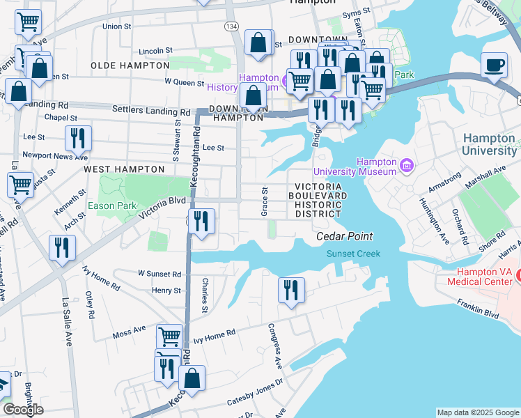 map of restaurants, bars, coffee shops, grocery stores, and more near 606 Grace Street in Hampton