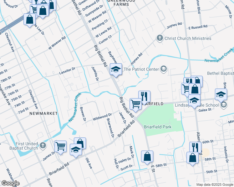 map of restaurants, bars, coffee shops, grocery stores, and more near 49 Big Bethel Road in Hampton