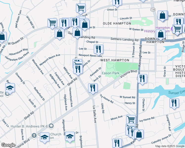 map of restaurants, bars, coffee shops, grocery stores, and more near 9 Kenneth Street in Hampton