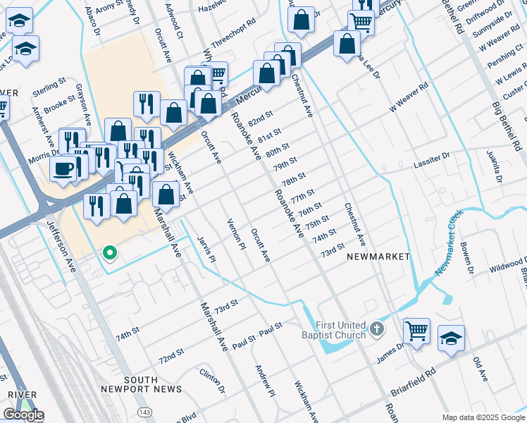 map of restaurants, bars, coffee shops, grocery stores, and more near 1005 77th Street in Newport News