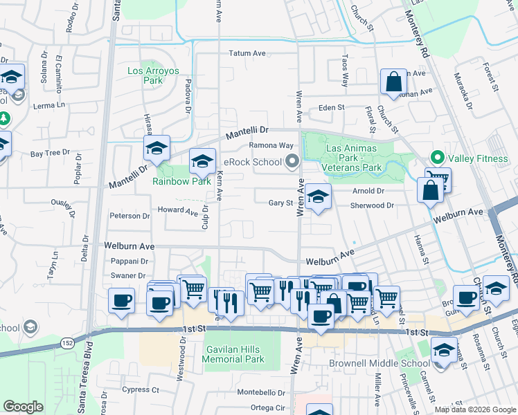 map of restaurants, bars, coffee shops, grocery stores, and more near 781 Gary Street in Gilroy