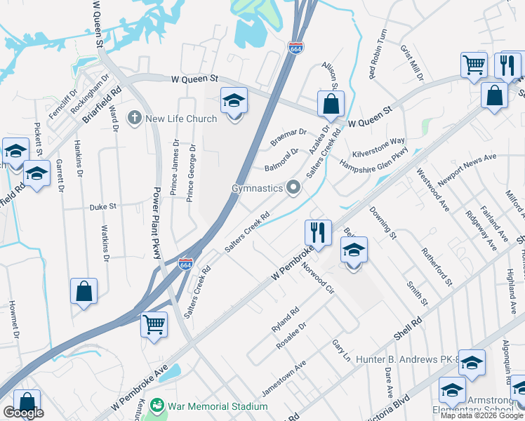map of restaurants, bars, coffee shops, grocery stores, and more near 41 Azalea Drive in Hampton