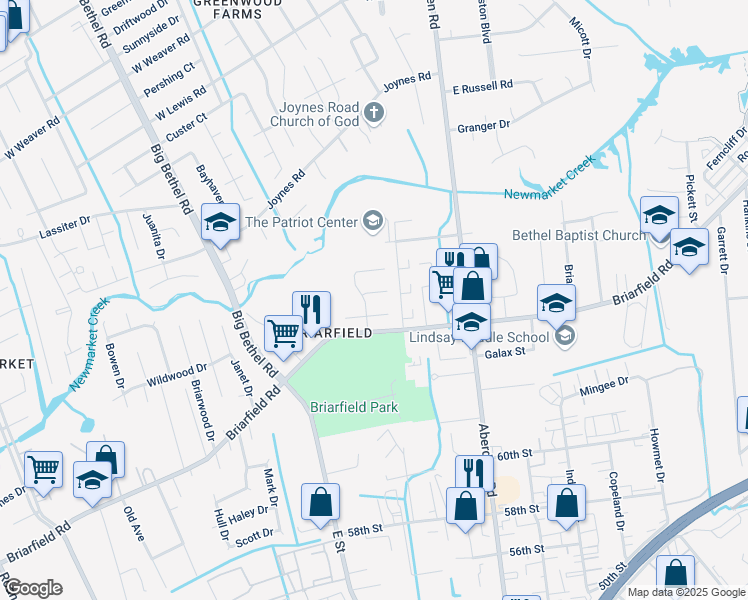 map of restaurants, bars, coffee shops, grocery stores, and more near 1 Eastbriar Court in Hampton